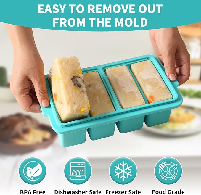 2 Cup Silicone Freezer Tray Ice Cubes with Lids and Date Mark for Storing Lasagna Leftovers Sauces Portioned Meals and More, Silicone Soup Freezer Molds for Meal Prepping 2 Pack Aqua