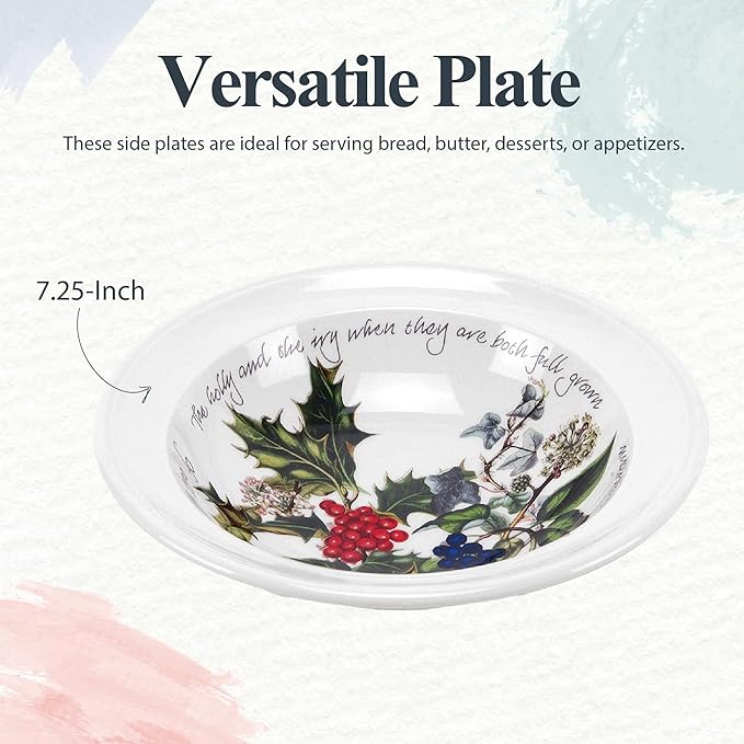 Portmeirion Holly and Ivy 7.25" Bread & Butter Plate (Set of 4) - Earthenware Side Plates, Holly Design - Festive Christmas Tableware - Microwave, Oven, Freezer, Dishwasher Safe - Holiday Dishware