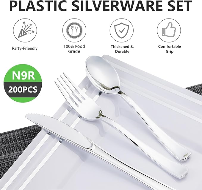 N9R 200PCS Silver Plastic Silverware Disposable Silver Plastic Silverware Cutlery Set, 100 Forks, 50 Spoons, 50 Knives for Party, Birthday, Wedding
