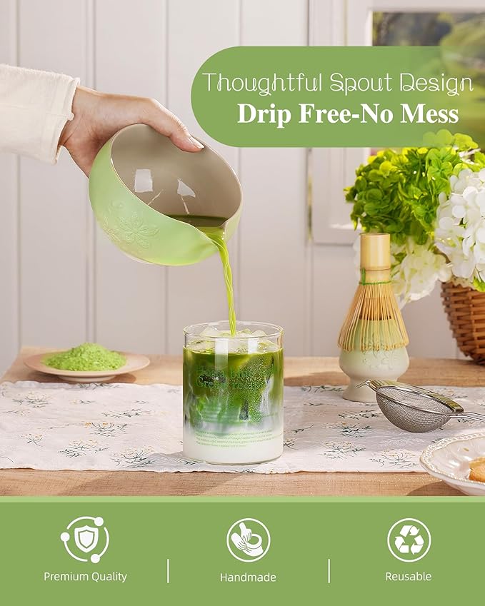 ZENS Matcha Whisk Set, Ceramic Matcha Tea Set with 15oz Sakura Bowl and Bamboo Whisk & Scoop, (Chasen Holder), Stainless Sifter-Tea Towel, 6pcs Matcha Kit for Matcha Lovers, Green