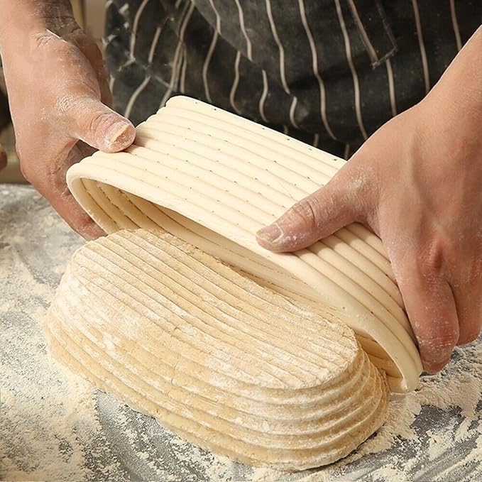 Banneton Bread Proofing Basket Banneton Basket Set Sourdough Proofing Basket Round Proofing Bowls Handmade Rattan Baskets and Liners (Oval 10 inch set of 2)