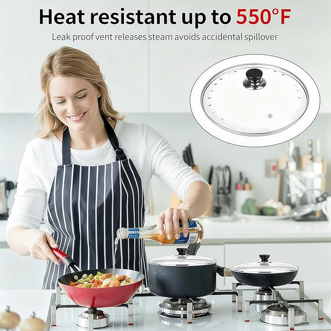 12 Inch Pan Lid, Universal Replacement Pot Lid for Frying Pans, Cast Iron Skillets, Tempered Glass Pan Cover with Steam Vent