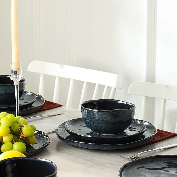 Stone Lain Mirella 12-Piece Stoneware Dinnerware Set, Service for 4, Reactive Glaze, Deep Blue – Includes Dinner Plates, Salad Plates, and Bowls – Modern Artisanal Design