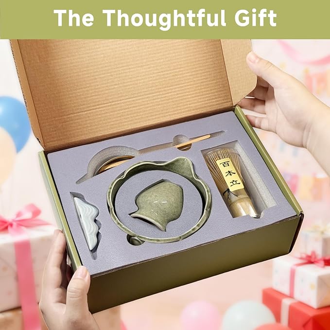 Matcha Whisk Set with Ceramic Bowl - Bamboo Whisk (Chasen), Scoop, Sifter & Holder - Complete Kit for Traditional Matcha Tea - Unique Gifts for Tea Lovers (Celadon Lotusl)