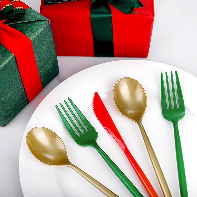 Rubtlamp 180Pcs Christmas Plastic Silverware, Heavy Duty Plastic Utensils, Party Disposable Flatware, Plastic Cutlery Sets Include 60 Green Forks, 60 Brown Gold Plastic Spoons, 60 Red Knives
