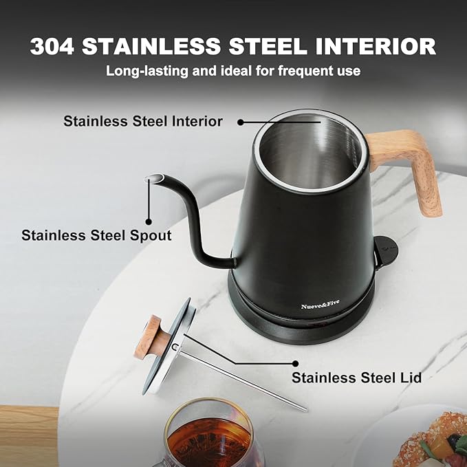 Nueve&Five Gooseneck Electric Kettle with Thermometer， Black Electric Kettle 1L with Auto Shut-Off，1000W Hot Water Kettle of Stainless Steel， Pour Over Kettle for Coffee & Tea