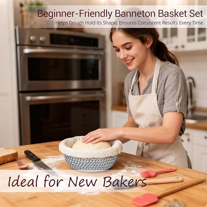 Banneton Bread Proofing Basket – Sourdough Starter Kit with 9" Round & 10" Oval Cotton Rope Baskets, Liners & Covers sourdough Bread Proofing Supplies, Baking Bread Bowl for Proofing