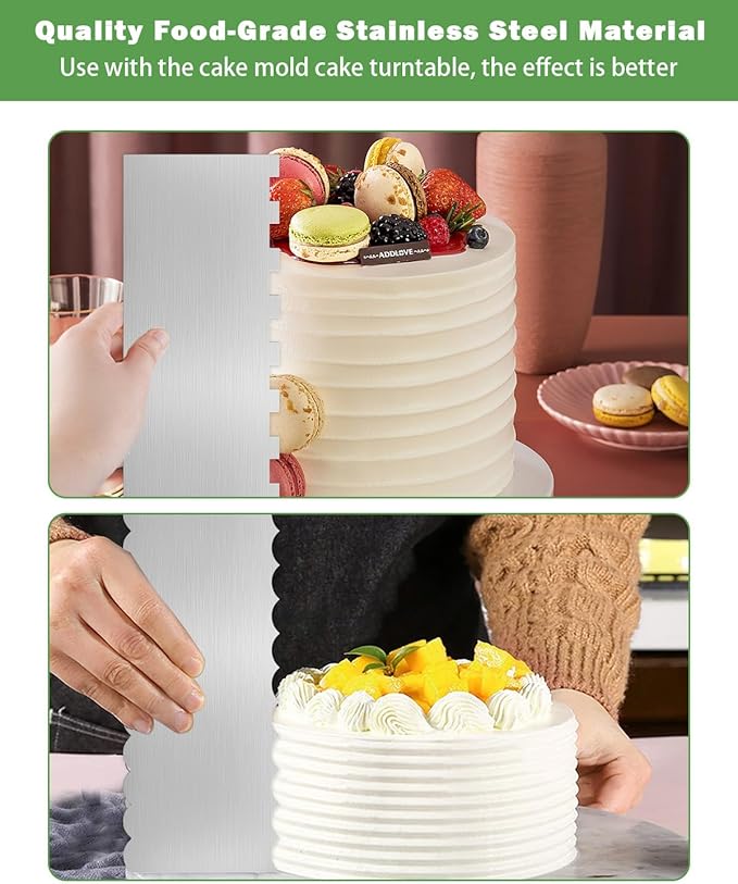 2PCS Stainless Steel Cake Scraper Set, Metal Cake Scraper with Dual Edge Designs, Cake Smoother for Icing & Cake Frosting Smoother, Icing Smoother Baking Tools for Cake Decorating