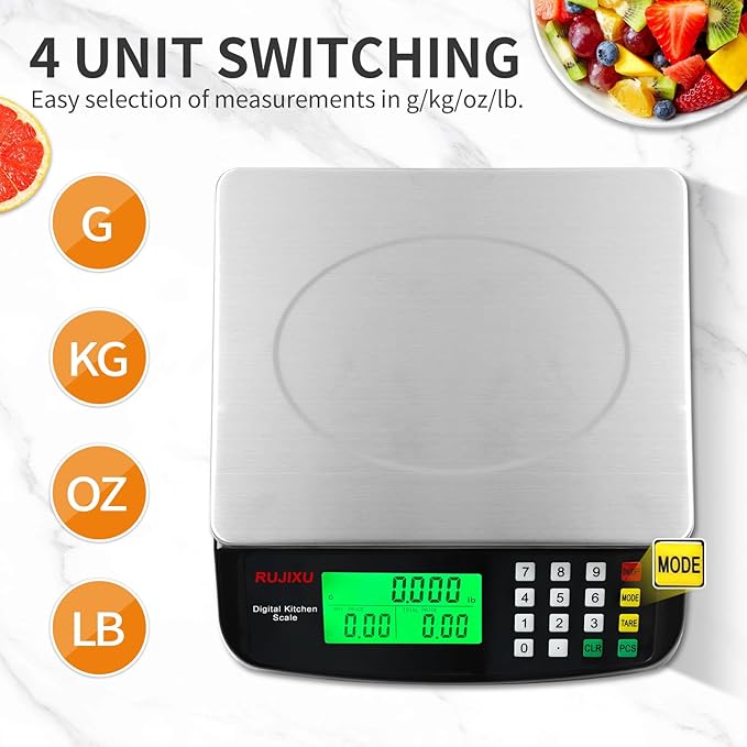 Large Digital Kitchen Scale Black 30kg/66lb Commercial Food Scale Stainless Steel with LCD Display Price Computing Scale for Restaurant Baking Bread Meat Prep Counting Scale for Parts and Coins