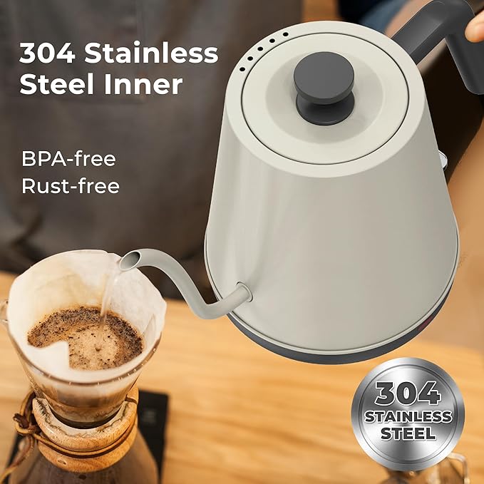 NYOTA Gooseneck Electric Kettle, 0.8L Electric Tea Kettle of 304 Stainless Steel, 1200W Quick Heating, Automatic Shut Off Coffee Kettle, Hot Water Boiler, Bone White