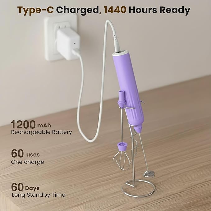 Milk Frother Handheld with 3 Stainless Steel Whisks, Rechargeable Electric Drink Mixer with Stand & Travel Case, Milk Foamer for Coffee, Latte, Cappuccino, Hot Chocolate, Egg,Jam Supplement-Purple