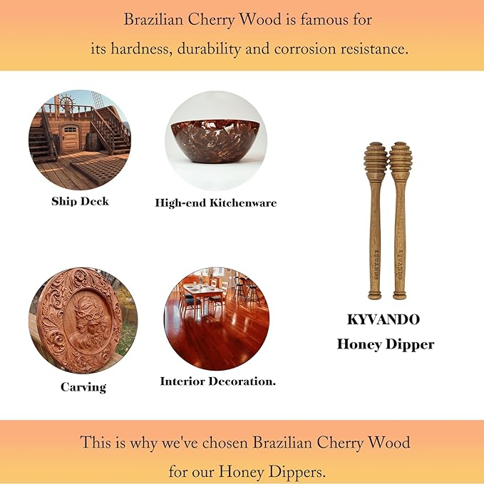 Brazilian Cherry Wood Honey Dipper - Durable & Warp-Resistant, Preserves Honey Purity, 2pcs, 6.3 Inch