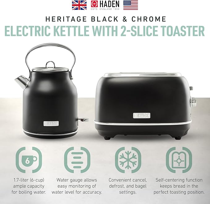 Haden Heritage 2 Slice Wide Slot Stainless Steel Toaster Bundled with 1.7 Liter Stainless Steel Electric Water Kettle, Black & Chrome