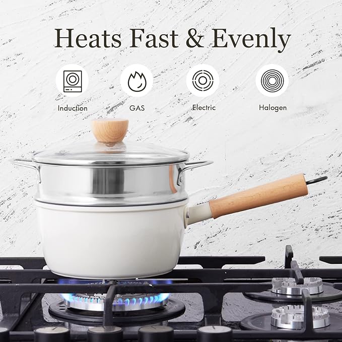 ROCKURWOK Ceramic Nonstick Sauce Pan, 3 QT Pot with Steamer, Non Toxic & PFAS-Free, Wooden Handle for Cool Touch, Universal Base(Gas, Electric & Induction), White
