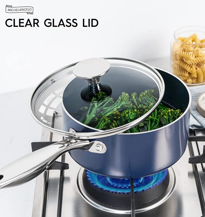 MICHELANGELO 4 Quart Saucepan with Lid, Nonstick Ceramic Sauce Pan with Stainless Steel Handle, 4 Qt Saucepan with Lid Induction Compatible, Oven Safe, Blue