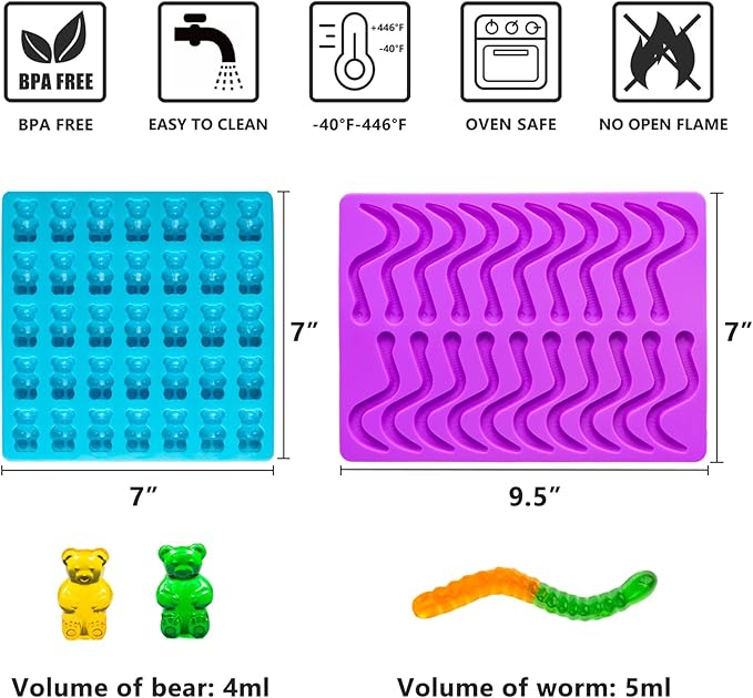 Large Gummy Bear and Worm Molds Silicone, Food-Grade Non-Stick Candy Molds Fruit Snacks Molds BPA Free with 2 Droppers & 1 Cleaning Brush, Set of 4