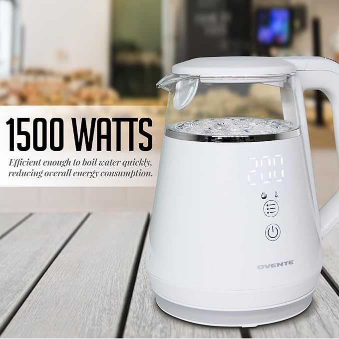 OVENTE 1L Small Electric Kettle with 5 Temperature Preset, Digital Display, 5Hr Keep Warm, Auto Shut-Off, Double-Wall Cool Touch Exterior, Borosilicate Glass,1500W BPA Free Water Boiler, White KD95W