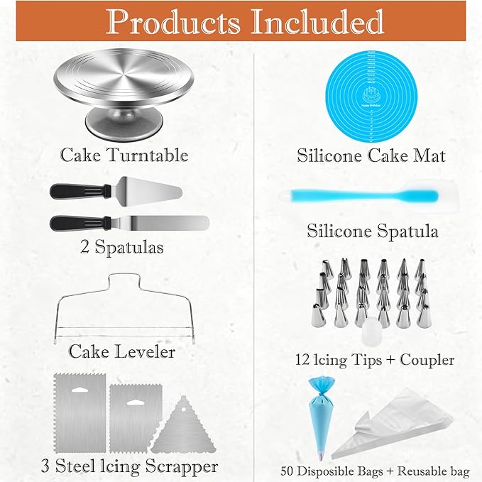 12 Inch Aluminium Rotating Cake Stand Turntable, Cake Decorating Kit Supplies with Icing Piping Tips, Frosting Spatulas, Pastry Bags, Scrapers and Other Cake Decorating Tools (85Pcs)