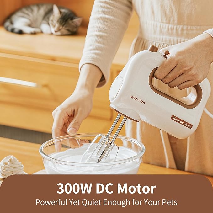 300W Compact Lightweight Electric Hand Mixer, with Powerful Quiet DC Motor for Baking, Cake, Brownies, Cookie Dough, Ideal for Home Kitchen (White)