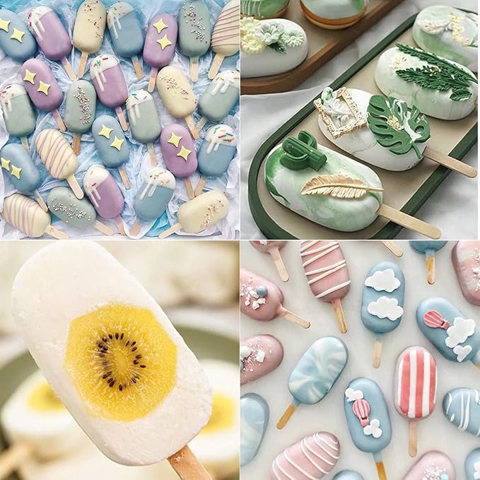Ozera 2 Pack Popsicles Molds, Homemade Cake Pop Molds Cakesicle Molds Silicone Popcical Molds, 4 Cavities Ice Pop Cream Molds Maker with 50 Wooden Sticks & 50 Popsicle Bags for DIY Popsicles