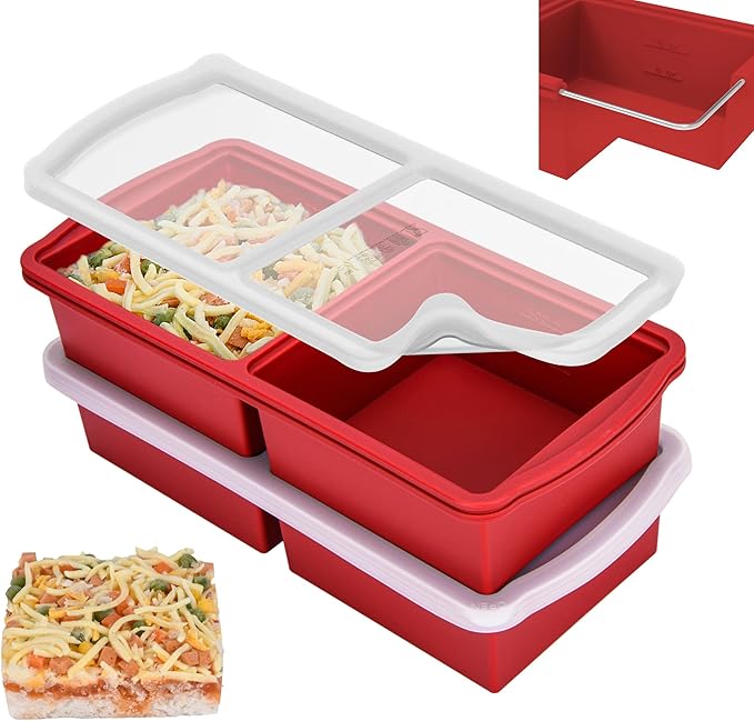 Silicone Freezer Trays with Lid,2-cup Soup Freezer Container large Ice Cube Molds with Reinforced Steel Ring Top for freezing Soup Sauce Broth Leftovers oven Dishwasher -Safe (red)