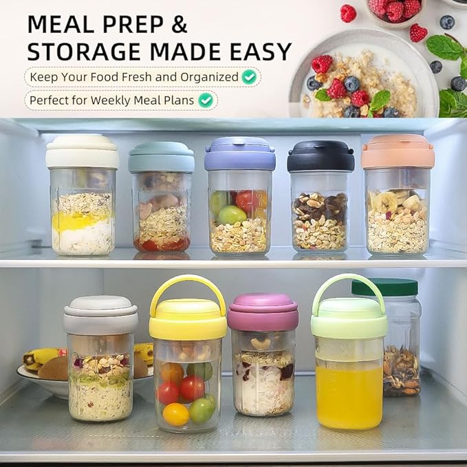 4 Pack Overnight Oats Containers with Lids and Handles, Folding Spoons & Divided Compartments for Fruit & Nuts, 16oz Glass Mason Jars for Oatmeal, Meal Prep & Breakfast (Blue/Green/Yellow/Green)