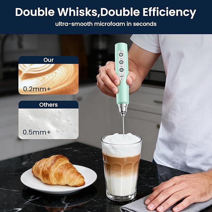Milk Frother with Stand Rechargeable- Handheld Coffee Frother with 3 Stainless Whisks 3 Speed Adjustable, Electric Whisk Drink Mixer, Foam Maker Blender for Matcha Latte Cappuccino Chocolate
