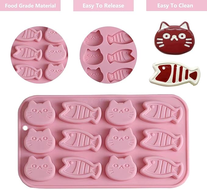 2PCS Chocolate Silicone Molds, 12 Cavity Cartoon Cat Mold Cat Treat Molds, Mini Fish Shape Silicone Mold Animals Candy Mold for Sugar, Candy, Chocolate