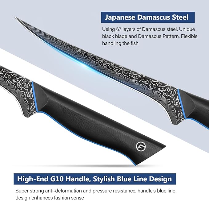 7 Inch Fillet Knife, Ultra Sharpe Meat Boning Knife in 67-Layer Japanese Damascus Steel, Professional Fish Knives with Ergonomic G10 Handle for Slicing and Skinning