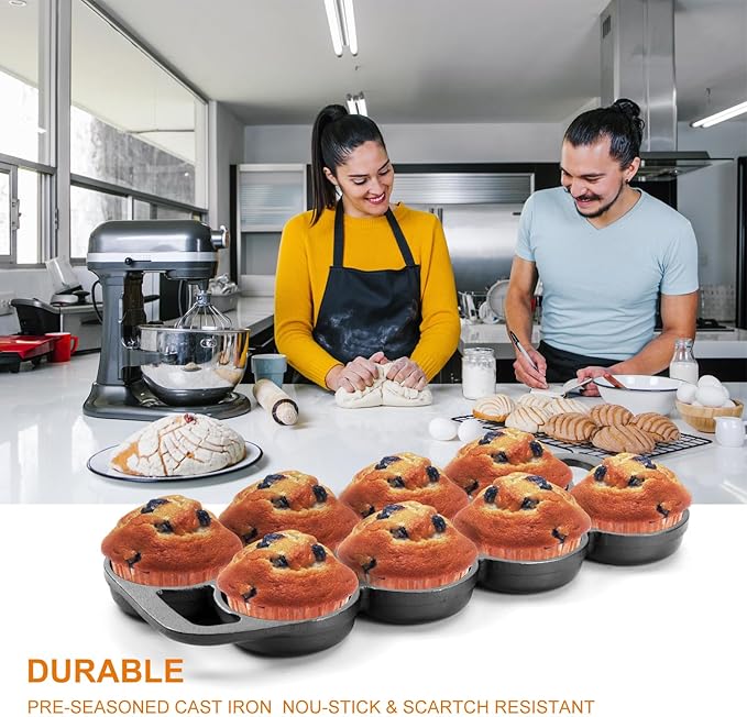 DVK 2 Set Cast Iron Muffin Pan Heavy Duty Cupcake Pan Muffin Tin, Non-Warping Even Heat Distribution for Perfect Cupcakes, Mini Cakes, Tarts, Quiches Ideal for Home Bakers Professional Chefs