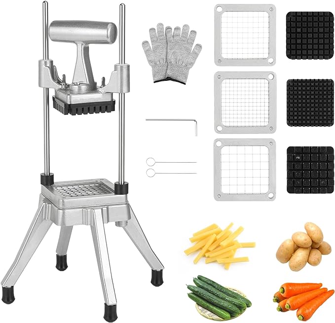Commercial Vegetable Chopper & French Fry Cutter Stainless Steel - Includes 3 Blade Sizes (1/2",3/8",1/4")- Perfect for Home Kitchen or Restaurant Use - Dices, Slices & Chops Fruits and Potato