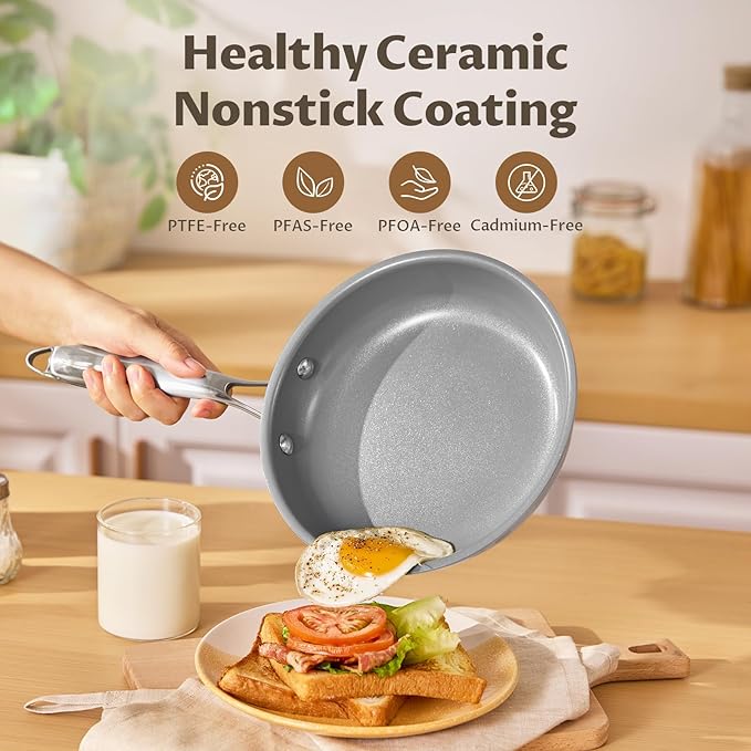 Nonstick Frying Pan Set with Lids, Induction Cookware with Molecular-bonded Induction Base, Nonstick Ceramic Coating Free of PTFE, 8" 10" 11" Non Stick Skillet, Compatible with All Stovetops