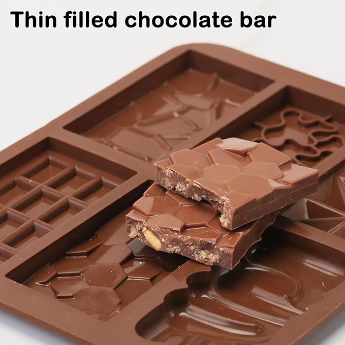 Thin Chocolate Bar Molds, 6 Shapes Break Apart Chocolate Molds Silicone for Candy/Gummy/Wax Melts/Resin, 2 Pcs Fruit Snack Molds for Fondant/Jelly/Desserts