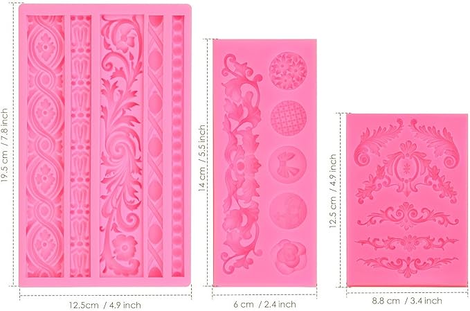 JOERSH 3PCS Baroque Scroll Molds Silicone Border Fondant Mold for for Wedding Birthday Cake Decorating, Cupcake Topper, Chocolate, Candy, Candle, Clay