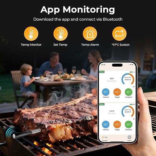BlueSwan Wireless Smart Digital Bluetooth Meat Thermometer 820 ft Range with 2 Color Probes for Cooking, Grill, Smoker, Oven, 48Hr Battery, Magnetic Design for BBQ Accessories Stocking Stuffers
