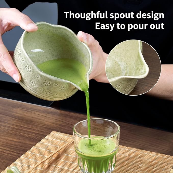 Matcha Whisk Set - Complete 8-Piece Japanese Tea Making Kit With Ceramic Bowl (Chawan), Bamboo Whisk (Chasen), Sifter, Scoop, Holder & Guide - Ideal Gift For Tea Enthusiasts (Mottled Green)
