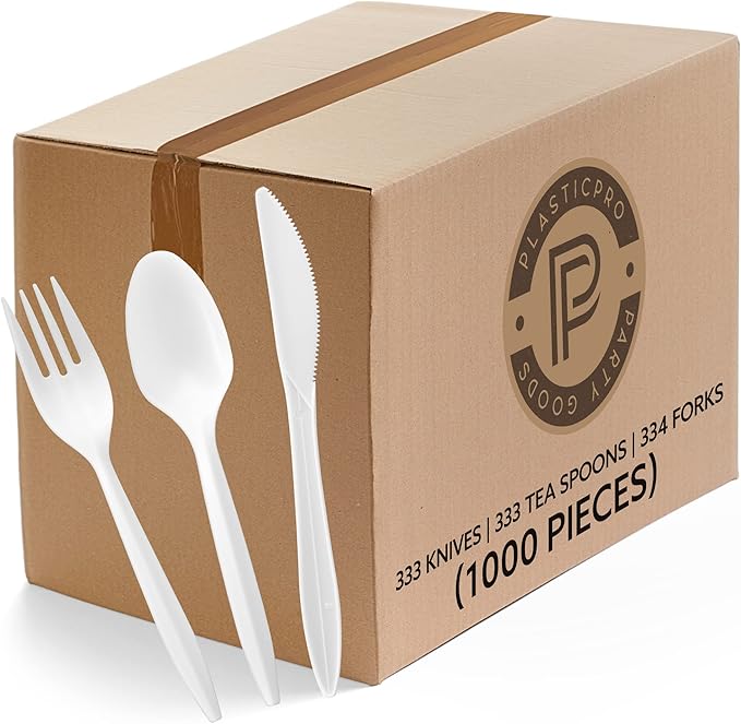 Plasticpro Cutlery Plastic Combo Sets Medium Weight Disposable Silverware White (1000 Count)