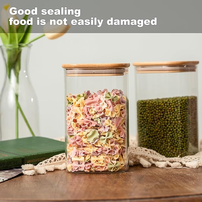 Liuruiyu Glass Food Storage Jars 37 oz Set of 6,Glass Storage Containers Clear Glass Food Canister with Bamboo Lid Airtight For Serving Tea,Coffee,Flour,Sugar,Candy,Cookie,Spice and More (Square)