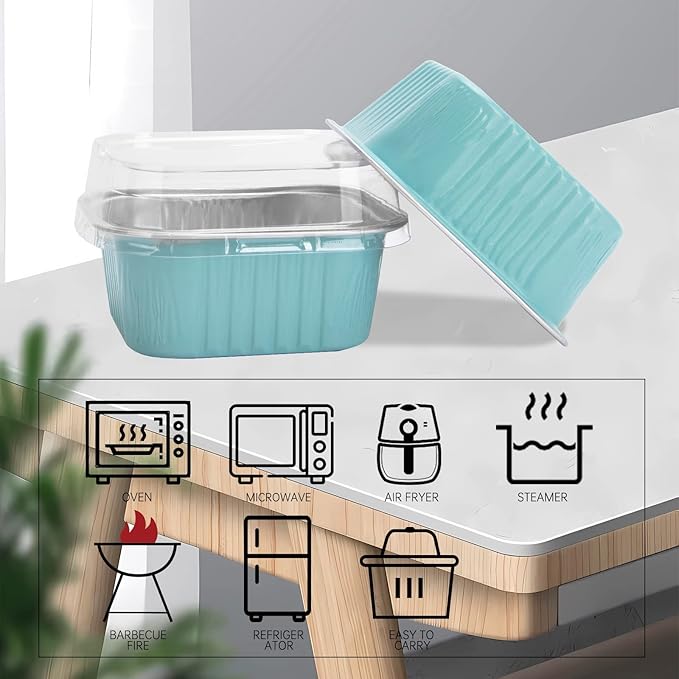 50 Pcs Mini Square Baking Cups with Lids,10oz Aluminum Foil Mini Cake Pans with Lids,Disposable Ramekins Cake Pans,300ml Dessert Cups Cupcake Pans for Wedding Birthday Party,Blue