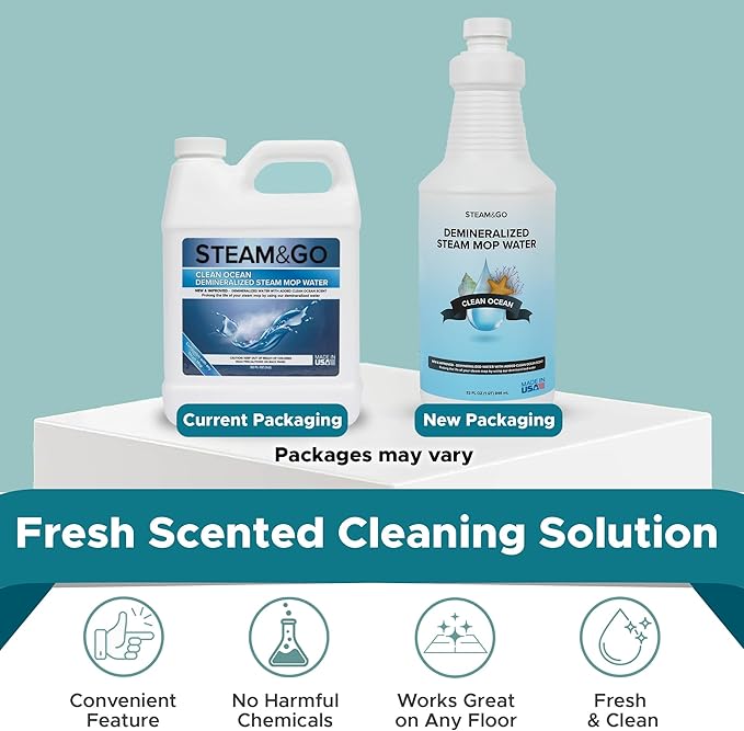 Steam & Go Demineralized Water - Multisurface Cleaner, PVC-Free Ready-to-Use for Mops & Floor Steamers - Ideal for Kitchen, Bathroom, & Home Surfaces - Clean Ocean Scent - 32oz (Pack of 6)