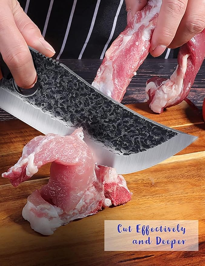 Hand Forged Meat Cleaver Knife Fathers Butcher Knives for Meat Cutting Full Tang Chef Knife with Belt Sheath and Gift Box High Carbon Steel for Kitchen or Camping, Gift for Dad