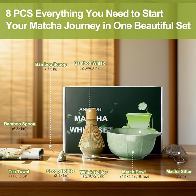 16 Oz Matcha Whisk Set, 8 - piece Set Organic Matcha Set Whisk,Premium Ceramic Matcha Kit Set for for Making Breakfast/Latte, Matcha Lovers
