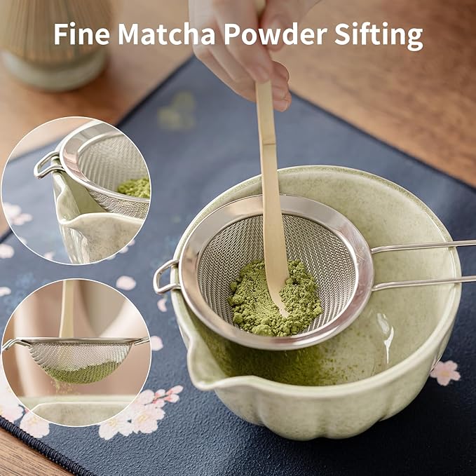 8 Pcs Matcha Whisk Set - HTRCXB Matcha Set with Ceramic Bowl, Bamboo Whisk & Holder, Scoop, Sifter, Measuring Spoon, Scoop Rest & Tea Towel, Complete Gift Kit for Beginners & Tea Lovers