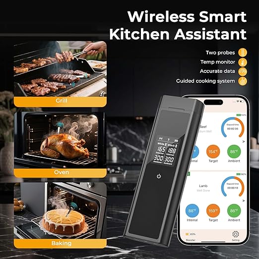 BlueSwan Wireless Smart Digital Bluetooth Meat Thermometer 820 ft Range with 2 Color Probes for Cooking, Grill, Smoker, Oven, 48Hr Battery, Magnetic Design for BBQ Accessories Stocking Stuffers