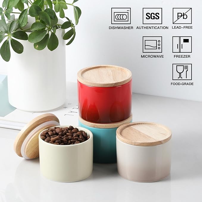Sweejar Kitchen Canisters Ceramic Food Storage Jar, Stackable Containers with Airtight Seal Wooden Lid for Serving Ground Coffee, Tea, Sugar, Spice and More - 5 Fl Oz(Beige)