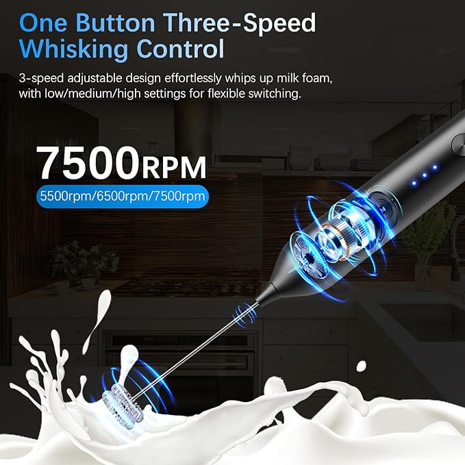 Rechargeable Milk Frother with Stand, Electric Frother Wand Handheld Coffee Foam Maker Detachable Stainless Steel Whisk Drink Mixer Foamer for Latte, Cappuccino, Hot Chocolate, Egg (Black)