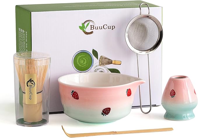 Matcha Whisk Set, Matcha Bowl with Spout, Matcha Whisk and Holder, Bamboo Matcha Scoop and Stainless Sifter,Ceramic Matcha Bowl(Pink Green)