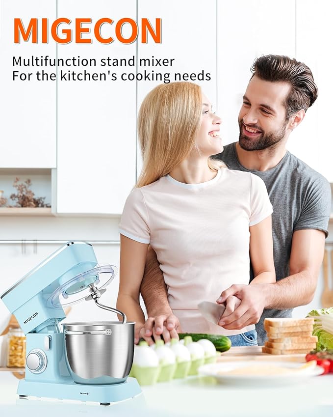 MIGECON Stand Mixer,Electric Food Mixer, Dough Hook, Flat Beater Attachments, Splash Guard 10 Speeds with Whisk, 5.26 QT Blue