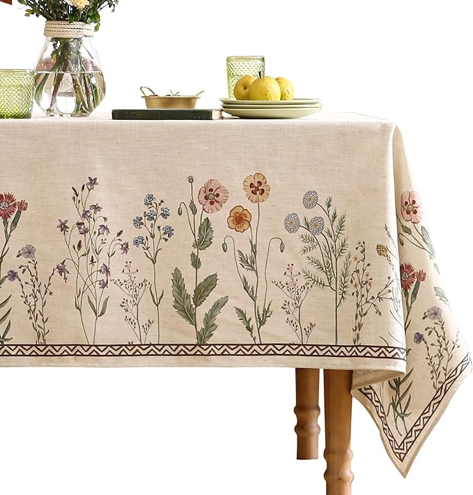 ISAENNE Designer Off White Linen Long Rectangle Tablecloth,Floral Elegant Table Cloth,Stain Resistant Vintage Decor Tablecloths for Dining Thanksgiving Kitchen Christmas,63"*102"-Serenity G