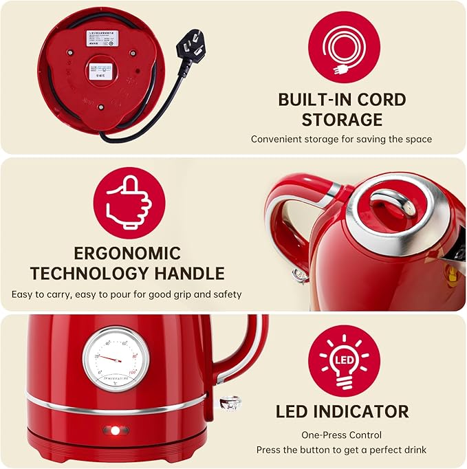 Kawu Retro Electric Kettle, 1.3L Hot Tea Water Boiler with Temperature Gauge, 1355W Fast Boiling Tea Kettle with Stainless Steel Inner & Boil-Dry Protection, Auto Shut Off, 60°C Keep Warm, Food Grade